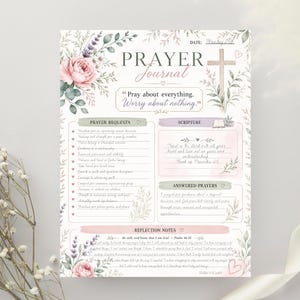 May include: A prayer journal page featuring floral illustrations of pink roses and lavender. The text includes Prayer Journal, Pray about everything. Worry about nothing., Prayer Requests, Scripture, Answered Prayers, and Reflection Notes.
