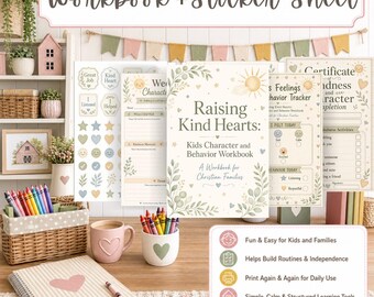 Kids Behavior Workbook Printable PDF Building Routine Chart Feelings Tracker Kindness Challenge Character Reward stickers Homeschool Bundle