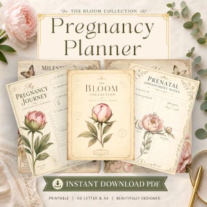 May include: A digital pregnancy planner set from The Bloom Collection featuring vintage-style paper sheets with floral illustrations of pink peonies. The pages include sections for My Pregnancy Journey and Prenatal Appointment Notes with text.