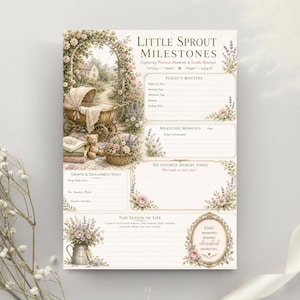 以下が含まれることがあります： Little Sprout Milestonesのジャーナルページ。花のイラスト、ヴィンテージの乳母車、テディベアが描かれています。今日のルーチン、マイルストーン、思い出、成長の記録、人生の季節を記入するセクションで構成されています。