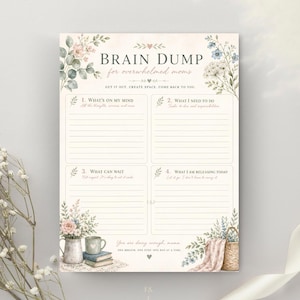 May include: A Brain Dump for overwhelmed moms planner page featuring four lined sections for tasks and thoughts. The design includes watercolor floral illustrations, a pitcher, books, and a basket. Text includes headers for each section and encouraging phrases like You are doing enough, mama.
