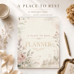 Op de afbeelding: Een printbare planner getiteld A PLACE TO REST PLANNER met 25 pagina's van 21,59 cm bij 27,94 cm. De omslag bevat aquarel bloemenillustraties in zachte roze, groene en beige tinten, met een elegant schreeflettertype.