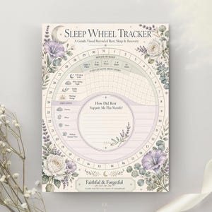 May include: A Sleep Wheel Tracker chart featuring a circular calendar for 31 days, sleep quality indicators, and a section for monthly reflections. The design is decorated with watercolor illustrations of white roses, purple flowers, and eucalyptus leaves.
