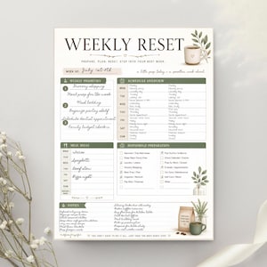 May include: A weekly reset planner sheet with a white background, dark green headers, and botanical illustrations. It features sections for weekly priorities, schedule overview, meal ideas, household preparation, and notes, all filled with handwritten text.