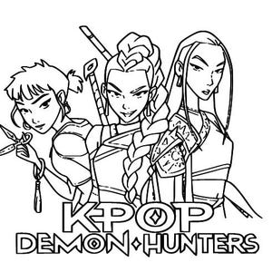 May include: Black and white line art illustration of three female figures, each with unique hairstyles and attire, holding weapons. The text "KPOP DEMON HUNTERS" is displayed below the figures.