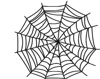 Puede incluir: Ilustración en blanco y negro de una telaraña. La telaraña es circular con un centro y líneas radiales conectadas por arcos concéntricos. Diseño simple y gráfico, perfecto para Halloween.