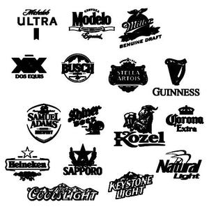 May include: Black and white logos of various beer brands, including Michelob Ultra, Modelo, Miller Genuine Draft, Dos Equis, Busch, Stella Artois, Guinness, Samuel Adams, Shiner Bock, Kozel, Corona Extra, Heineken, Sapporo, Natural Light, Coors Light, and Keystone Light.
