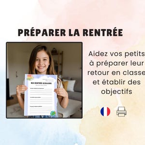 Könnte beinhalten: Ein Mädchen hält ein Arbeitsblatt mit dem Titel "MA RENTRÉE SCOLAIRE" in Französisch. Das Arbeitsblatt hat Linien zum Schreiben und eine Illustration eines Globus und Bücher. Der Hintergrund zeigt den Text "PRÉPARER LA RENTRÉE".
