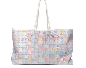 Bolso de fin de semana con patchwork en tonos pastel / Bolso tote con estampado floral de cuadrados suaves