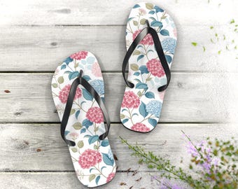 Hydrangea Floral Flip Flops | Pink Blue Flower Beach Sandals
