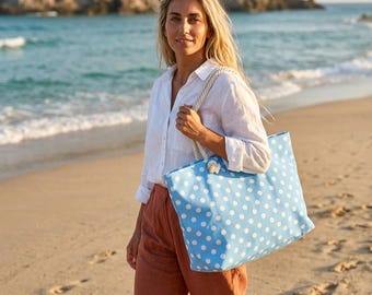 Bolso de fin de semana azul con lunares / Bolso tote con asa de cuerda