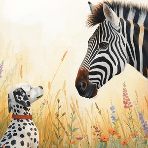 Könnte beinhalten: Eine digitale Illustration, die einen Dalmatiner mit einem roten Halsband zeigt, der zu einem Zebra aufschaut. Beide Tiere befinden sich inmitten eines Feldes aus hohem goldenem Gras und verschiedenen bunten Wildblumen, darunter orangefarbene und violette Blüten.