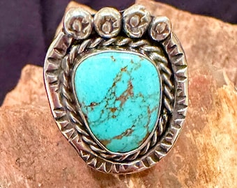 Handmade Turquoise Sterling Silver Ring: Southwest Statement Jewelry, Size 4.5