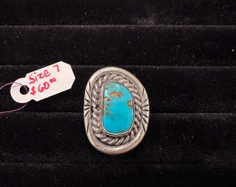 Handmade Turquoise Sterling Silver Ring: Southwest Statement Jewelry, Size 7