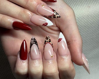 Handmade Nail Set: Red, Leopard, Lace, Lips Designs