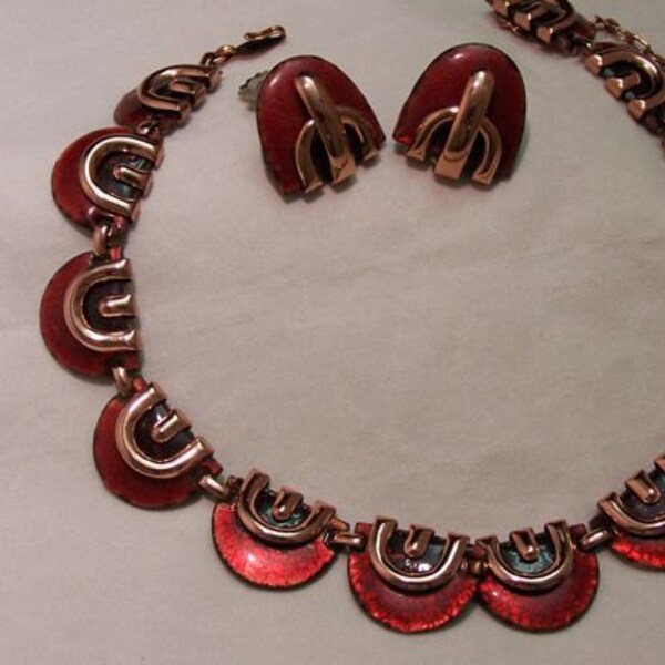 Vintage Gorgeous Like New Copper and Red Enamel Matisse/Renoir  Signed Set Necklace and Earrings