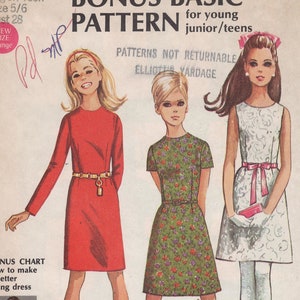 May include: Simplicity sewing pattern number 7505 for a bonus basic pattern for young junior/teens. The pattern includes three different dress styles: a red dress with a belt, a green floral dress with a belt, and a white dress with a pink ribbon. The pattern is 75 cents.