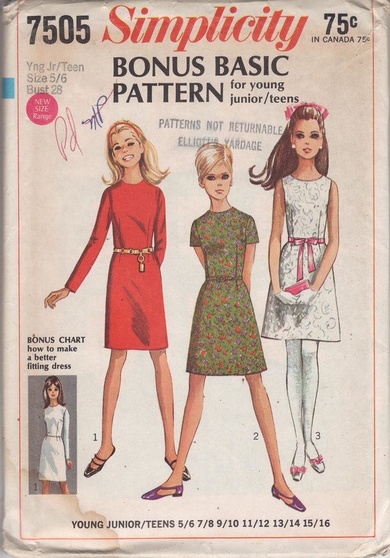 Vintage 1967 Simplicity 7505 Teen Basic Dress With Skirt & Bodice 