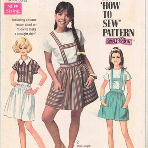 May include: A vintage Simplicity sewing pattern for a 'How to Sew' pattern. The pattern is for a young junior/teen size 13/14 with a bust measurement of 33 1/2 inches. The pattern includes two mini-length skirt styles, one with brown and white stripes and the other with a turquoise blue color.