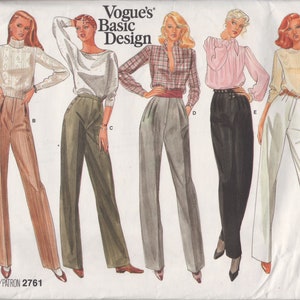 May include: A sewing pattern for five different styles of high-waisted pants. The pattern is called "Vogue's Basic Design" and the pattern number is 2761.