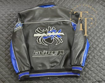 Avirex Black Blue Leather Bomber – Spider Embroidery, Quilted Inner Lining, Logo Patch Jacket