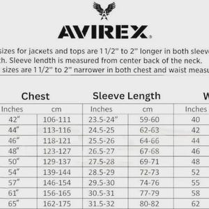 May include: A size chart for AVIREX jackets and tops, with measurements in inches and centimeters. The chart includes chest, sleeve length, and waist sizes, ranging from XS to 5XL. Text details tall and slim sizes.