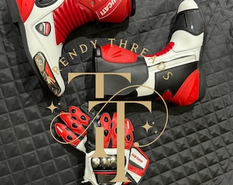 Handmade Ducati Leather Boots and Gloves, Motorcycle Biker Gear