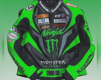Kawasaki Racing Leather Motorcycle Jacket: Handmade Biker Jacket