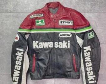 Kawasaki Racing Motorcycle Jacket: Genuine Cowhide Leather Biker Jacket
