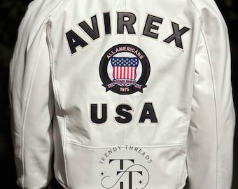 Avirex herr vit amerikansk bomberjacka i äkta kohud i flygstil