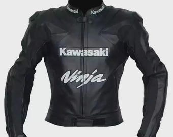 Handmade Kawasaki Ninja Cowhide Leather Motorcycle Black Jacket: Sports Racing Biker