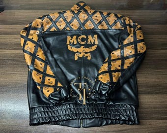 MCM Black Leather Biker Jacket, Laser Printed Design