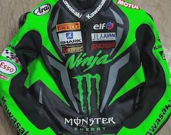 Kawasaki Ninja Racing Leather Motorcycle Jacket: Cowhide Biker Style