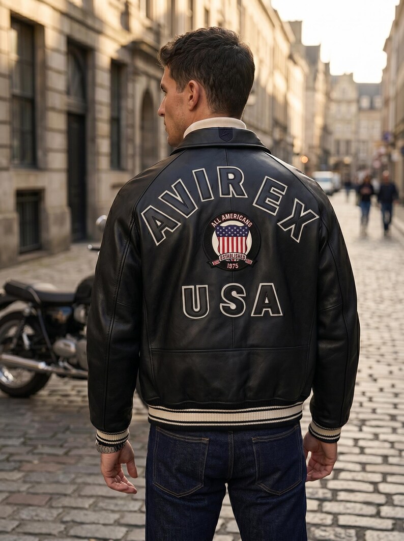 May include: Black leather jacket with white lettering and patches. The back of the jacket features the word "AVIREX" above a patch with the words "All Americans" and "USA". The jacket has a cream-colored collar and cuffs.