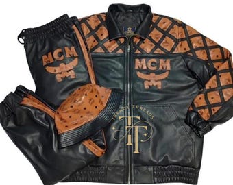 MCM Men's Genuine Leather Motorcycle Suit with Hat