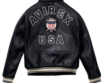 Avirex Men’s Black American bomber Genuine Cowhide Leather Flight style Jacket