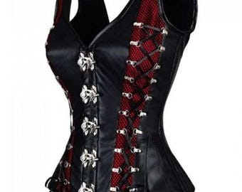 Gothic Black Overbust Corset, Leather Corset Top, Steel Boned Waist Trainer, Buckle Corset, Steampunk Outfit, Festival Wear
