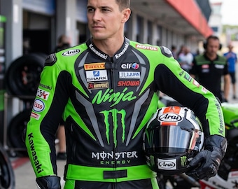 Kawasaki Racing Leather Motorcycle Jacket, Handmade Biker Jacket