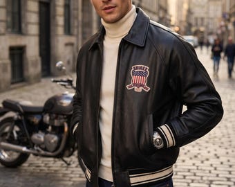 Avirex Men’s Black American bomber Genuine Cowhide Leather Flight style Jacket