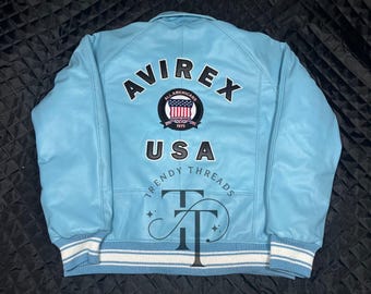 Avirex Men’s Sky Blue American bomber Genuine Cowhide Leather Flight style Jacket