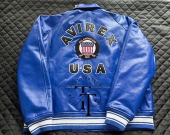 Avirex Herren Blauer amerikanischer Bomber aus echtem Rindsleder Flugjacke