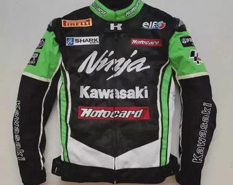 Handmade Kawasaki Monster Cowhide Leather Motorcycle Jacket: Sports Racing Biker