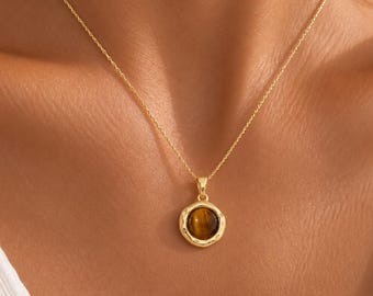 14ct Gold Plated Tiger Eye Pendant Necklace, Natural Stone, Minimalist Dainty Jewellery