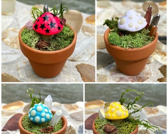 Mini ‘Shroom Mushroom Pots with Glow in the Dark Dots and Stems - Polymer Clay and Mixed Media Crystal Terrariums