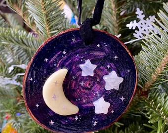 Celestial Woodcut Wall Hanging Ornament: Polymer Clay & Mixed Media Hand-painted Art Decor