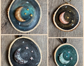 Celestial Woodcut Ornaments - Wall Hangings - galaxy, moon, stars, woodland, night sky hand-painted art decor