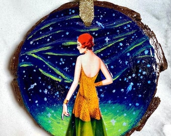 Celestial Goddess Woodcut: Hand-Painted Galaxy Art Decor Ornament