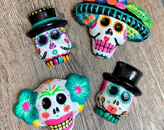 Hand-painted Sugar Skulls - Wall hanging or magnet options available - Dia de los Muertos