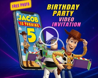 Toy story birthday video invitation, kids digital animated mobile personalized invite | free photo option