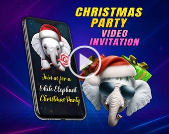 White elephant Christmas party video invitation, gift exchange digital animated video for mobile, birthday personalized invite
